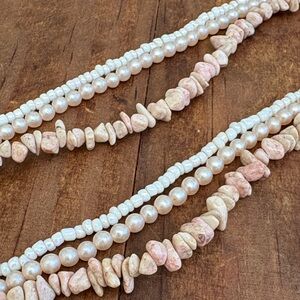 Pearl and Pink Rhodochrosite Stone Necklace Trio